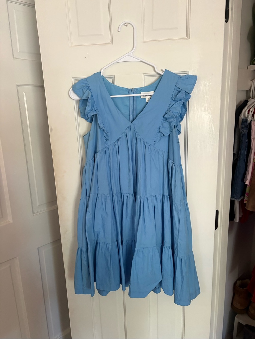 Light Blue Ruffle Tiered V‑Neck Cotton Dress